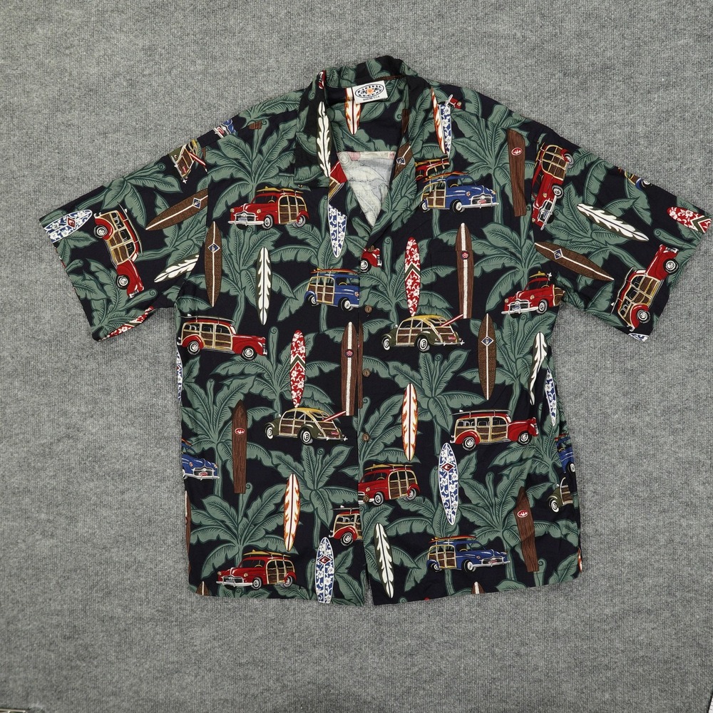 Pacific Legend Shirt Mens 2XL Black Hawaiian Aloha Surf‎ Woody Cars Made in USA